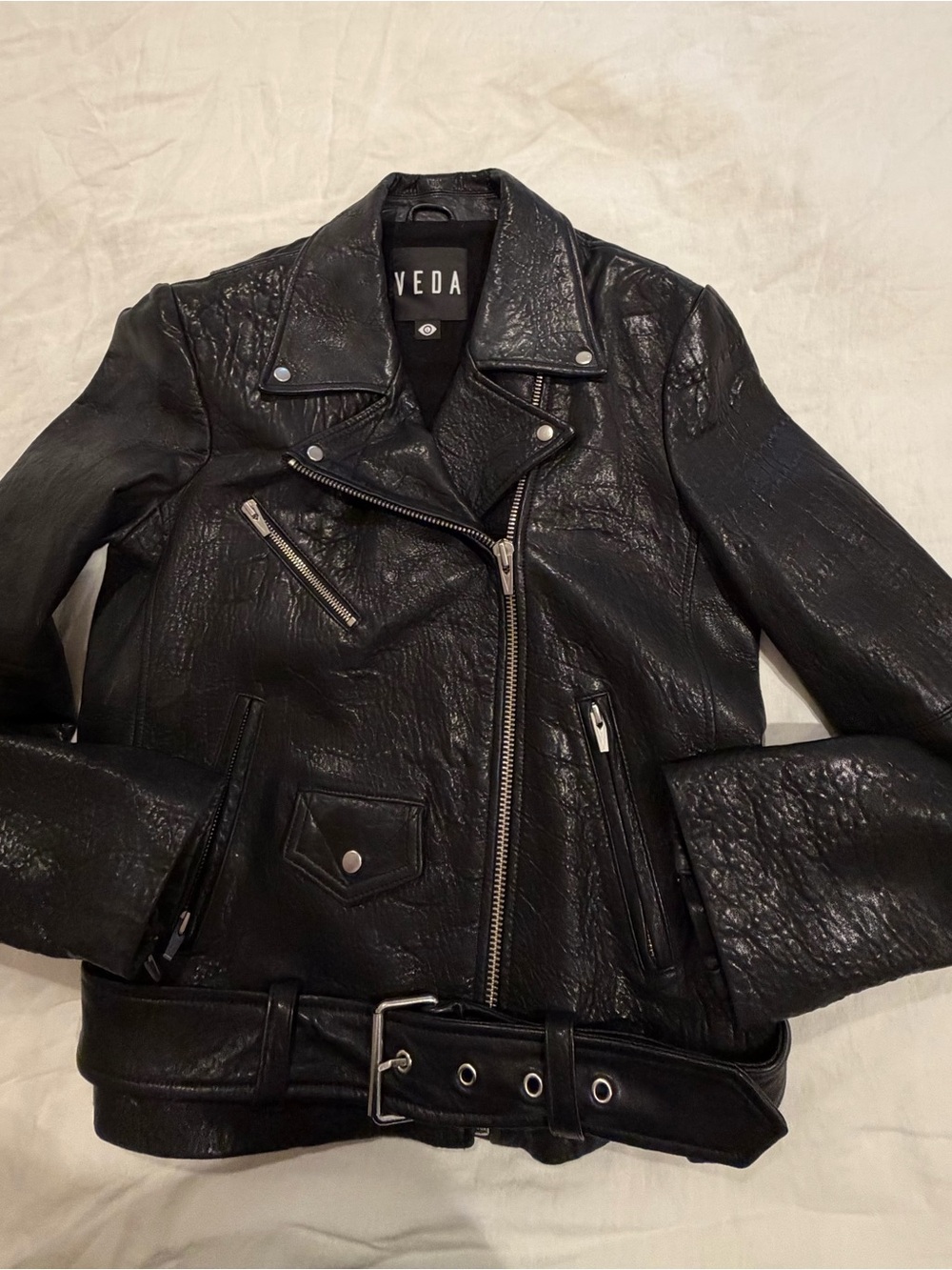 Veda Black Leather Moto Jacket with Belt